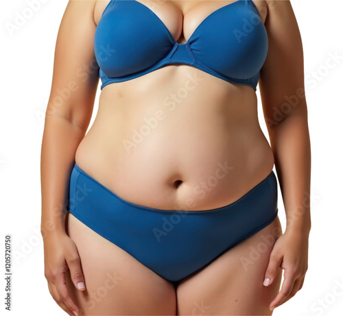 Fat woman wearing blue bra and underwear on transparent background