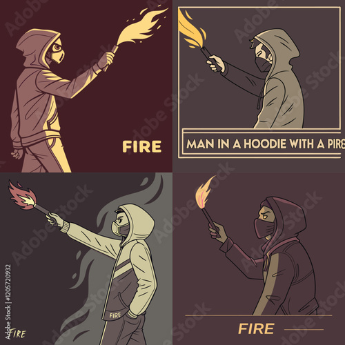 a man in a hoodie with a mask and fire burn