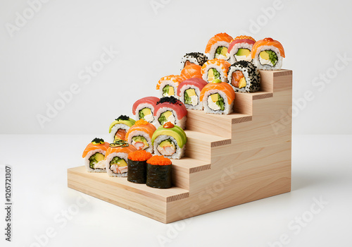Assorted sushi staircase, studio shot, white background, menu