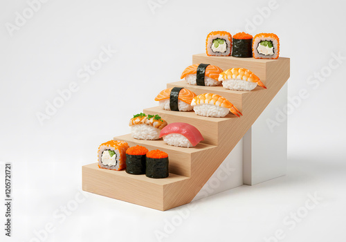 Assorted sushi stairway display, studio shot, white background, menu photography