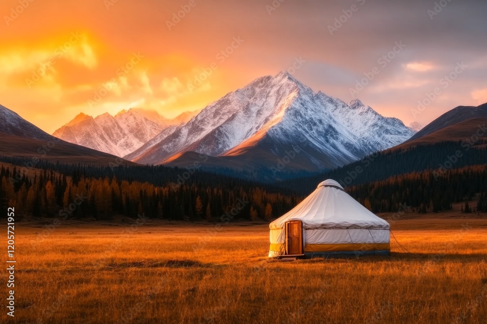 A yurt at sunrise, with the golden light illuminating its canvas walls, set against a backdrop of snow-capped mountains A yurt at sunrise, with the golden light illuminating its canvas walls, set against a backdrop of snow-capped mountains