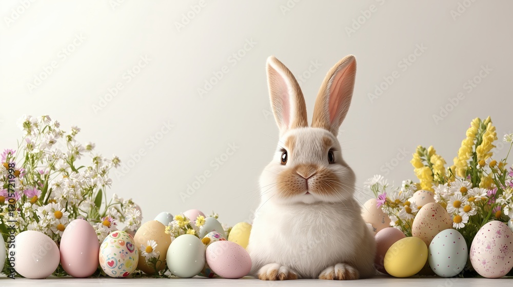 Obraz premium Adorable Bunny with Easter Eggs and Spring Flowers