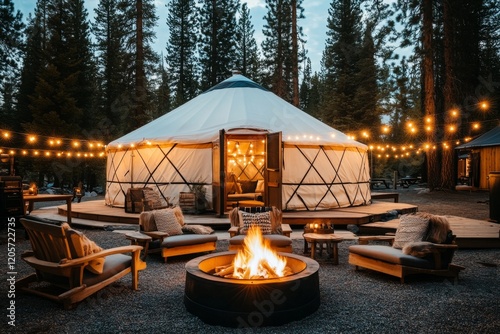 A yurt set up at a glamping site, featuring string lights, comfortable outdoor seating, and a scenic forest view