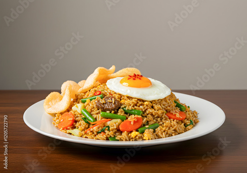 Beef Nasi Goreng, fried egg, crackers, studio shot, food blog