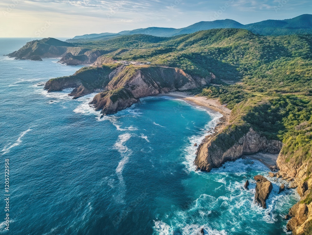 Fototapeta premium Aerial view of a beautiful coastline with cliffs, a beach, and ocean waves meeting the shore