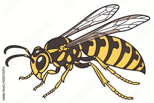  Detailed macro photograph, giant wasp, hornet species, transparent wings, black and yellow stripes, segmented body, large compound eyes, antennae, sharp mandibles, thin legs, white background, scie