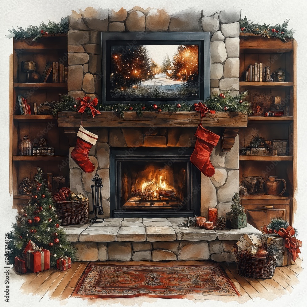 A fireplace with a Christmas tree and stockings on the mantle A fireplace with a Christmas tree and stockings on the mantle