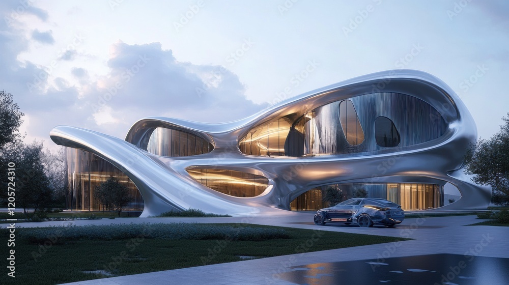 Obraz premium A futuristic research facility with metallic exteriors and advanced design