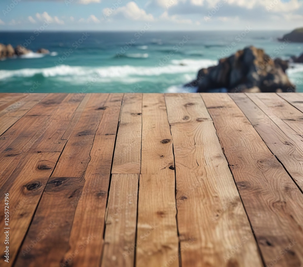 Texture of wooden table with blurred seascape panorama, waterscape, coastline, vacation Texture of wooden table with blurred seascape panorama, waterscape, coastline, vacation