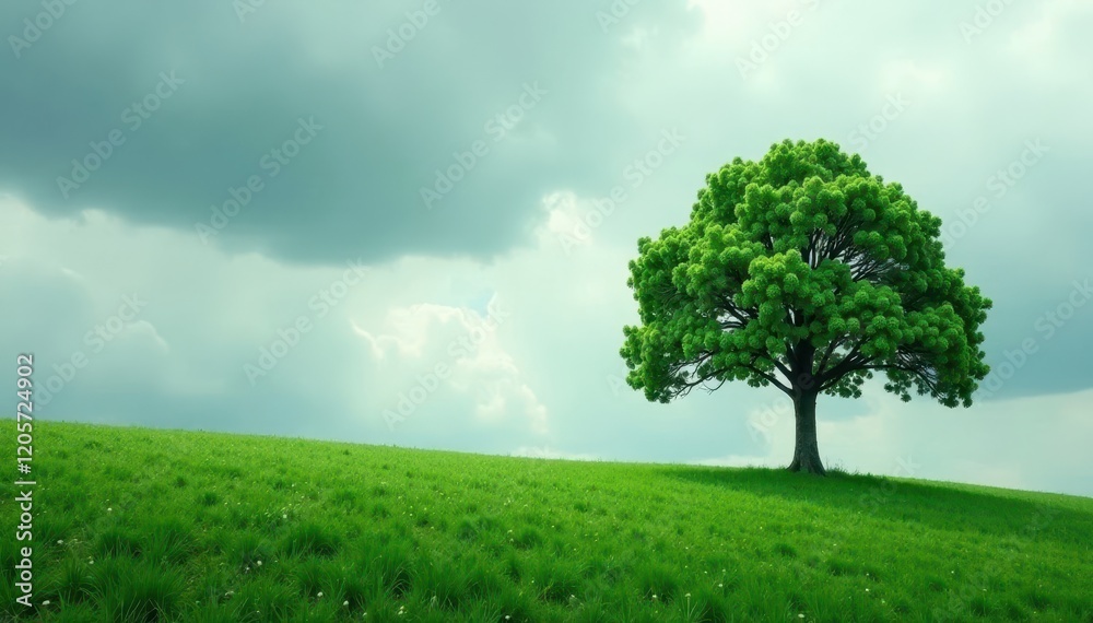 Obraz premium Overcast sky with a lone tree in the distance, leafy greens, overcast sky