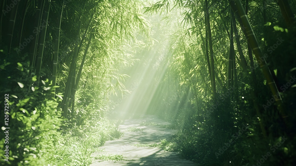 Obraz premium Serene Bamboo Forest Pathway with Dappled Sunlight – Generative AI