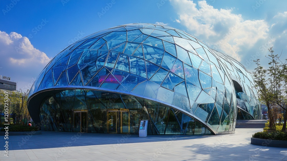 Obraz premium A futuristic shopping mall with a transparent dome and dynamic architecture