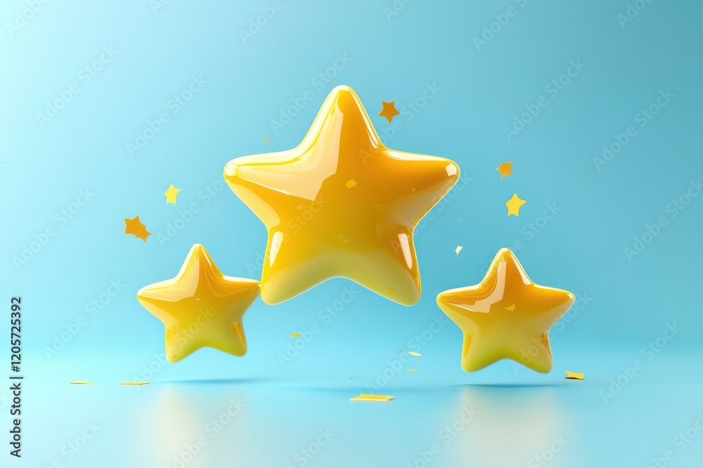 Floating yellow stars bright blue background 3d render cheerful environment upward view childlike wonder Floating yellow stars bright blue background 3d render cheerful environment upward view childlike wonder