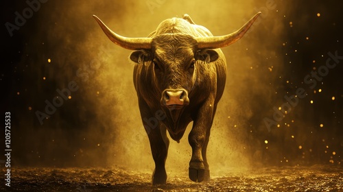 A powerful black bull emerges from a dark background, photo