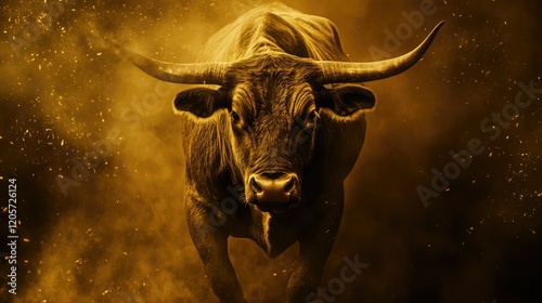 A powerful black bull emerges from a dark background, photo