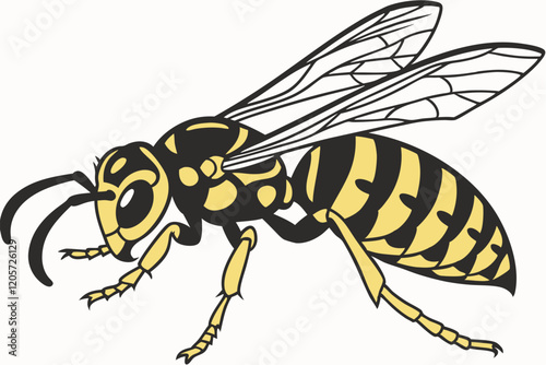  Detailed macro photograph, giant wasp, hornet species, transparent wings, black and yellow stripes, segmented body, large compound eyes, antennae, sharp mandibles, thin legs, white background, scie