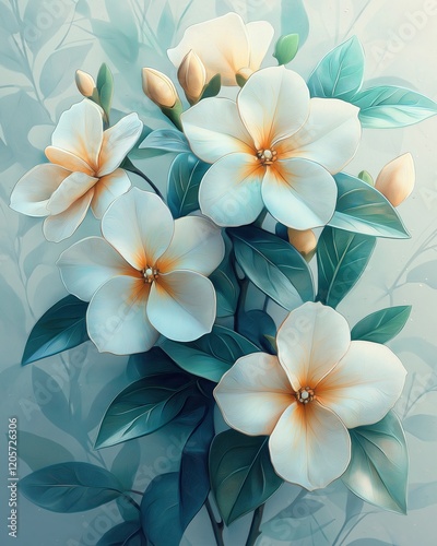 A painting of a bouquet of white flowers with green leaves