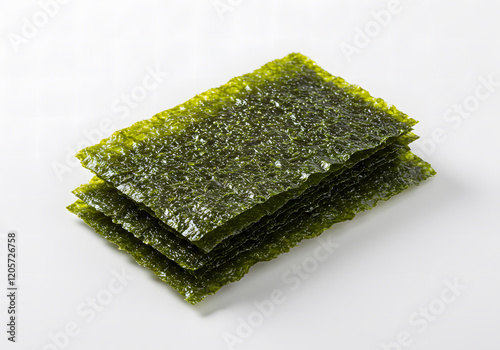 Dried seaweed sheets, stack, white background, studio shot, food