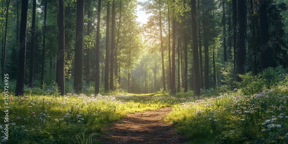 A serene forest path illuminated by sunlight, surrounded by lush greenery and white flowers, evoking peace and natural beauty. Ideal for environmental, travel, or nature-themed projects. A serene forest path illuminated by sunlight, surrounded by lush greenery and white flowers, evoking peace and natural beauty. Ideal for environmental, travel, or nature-themed projects.
