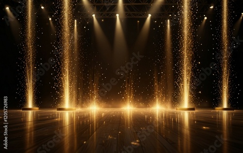 cinematic stage spotlights, golden particle atmosphere, dramatic upward beams, glowing floor reflection, starry lighting effect, dark luxury backdrop, premium awards ceremony scene