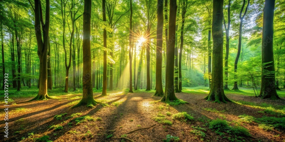 Fototapeta premium Warm sunlight filters through the leaves of a lush green forest, casting dappled shadows on the forest floor