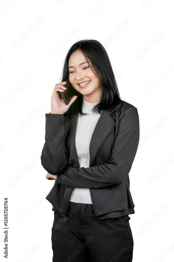 Businesswoman Smiling While Talking on a Smartphone in Professional Attire Businesswoman Smiling While Talking on a Smartphone in Professional Attire