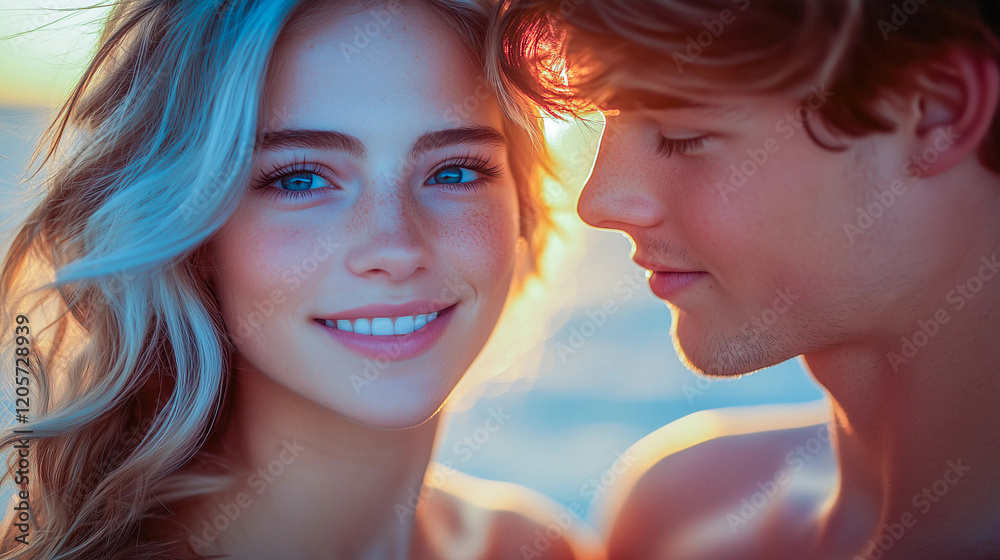 Fototapeta premium Young couple enjoying a romantic moment at sunset on a beach with vibrant colors enhancing their affection