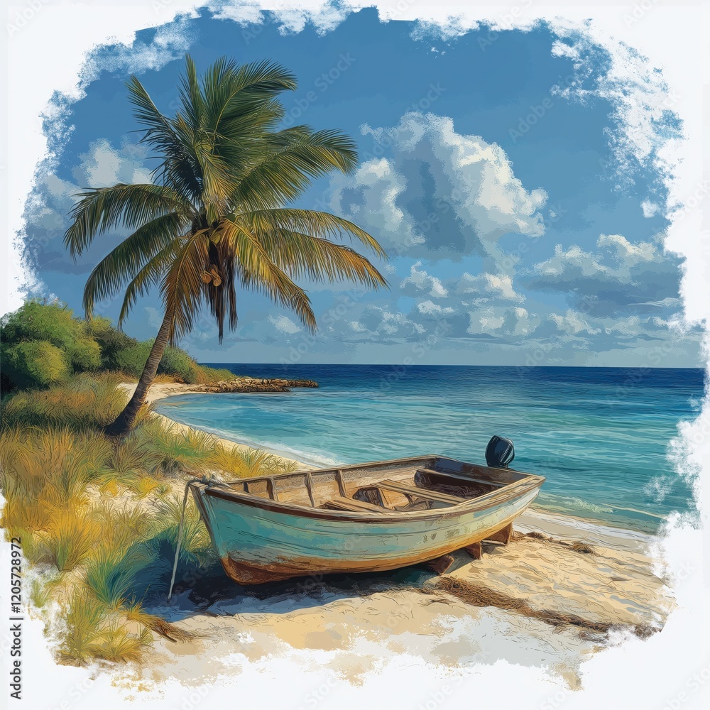 A small boat is sitting on the beach next to a palm tree A small boat is sitting on the beach next to a palm tree