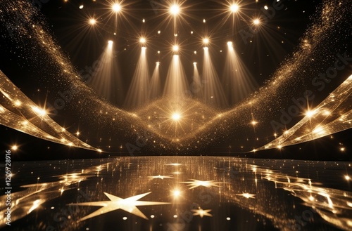 cinematic stage spotlights, golden particle atmosphere, dramatic upward beams, glowing floor reflection, starry lighting effect, dark luxury backdrop, premium awards ceremony scene