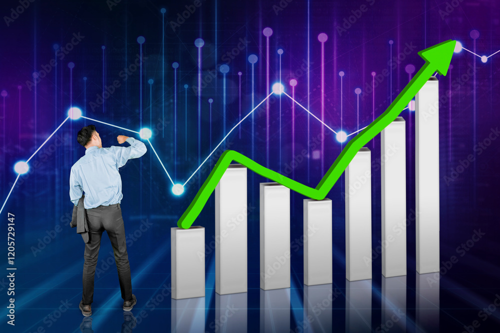 Businessman Celebrating Growth with Graphs and Rising Arrow Businessman Celebrating Growth with Graphs and Rising Arrow