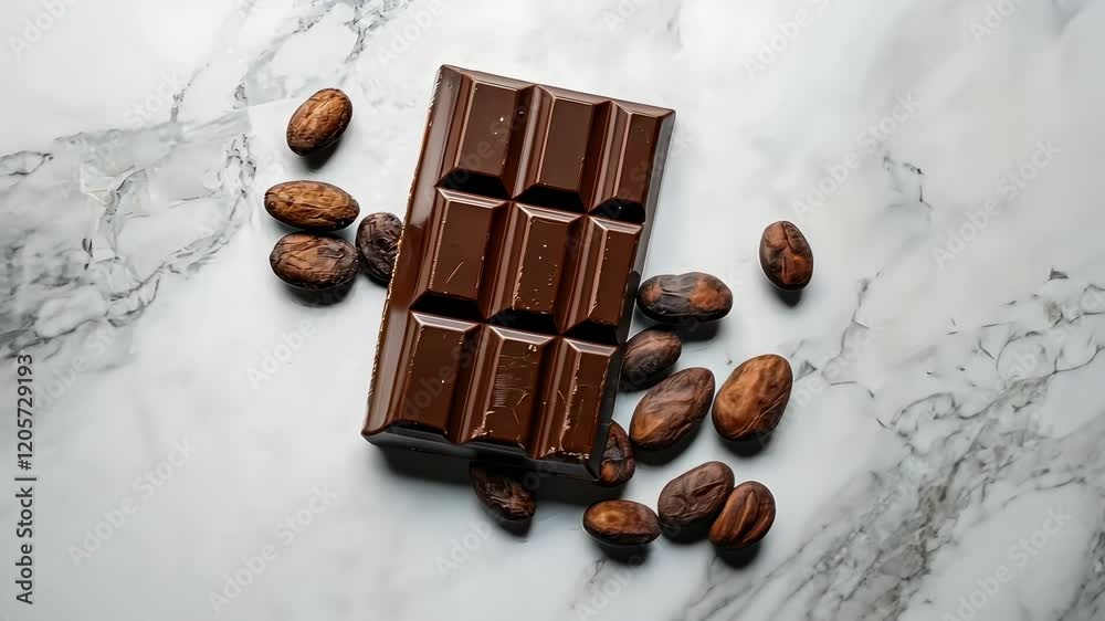 Delicious chocolate bar with cocoa beans on marble surface