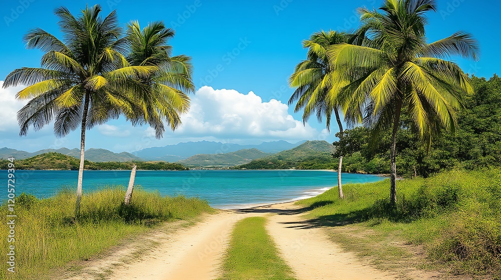 Tropical Beach Pathway Leads To Ocean And Mountains Tropical Beach Pathway Leads To Ocean And Mountains
