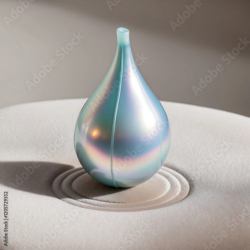 A gleaming, iridescent elastic ball, its translucent surface reflecting subtle hues of blue and green, stretches into a teardrop shape as it lands softly on a plush, velvety platform with a gentle thu