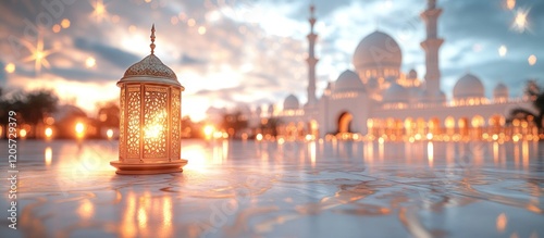 Illuminated Lantern Before Grand Mosque at Sunset photo