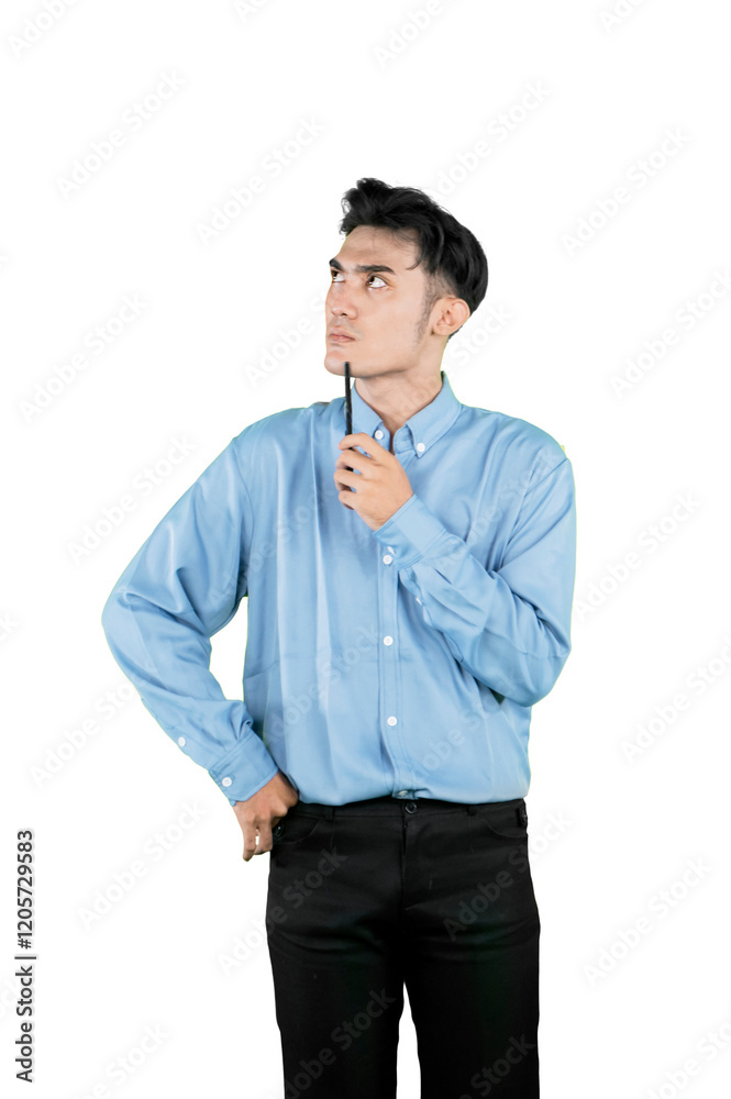 Thoughtful Man Holding Pen in a Pensive Pose on White Background Thoughtful Man Holding Pen in a Pensive Pose on White Background