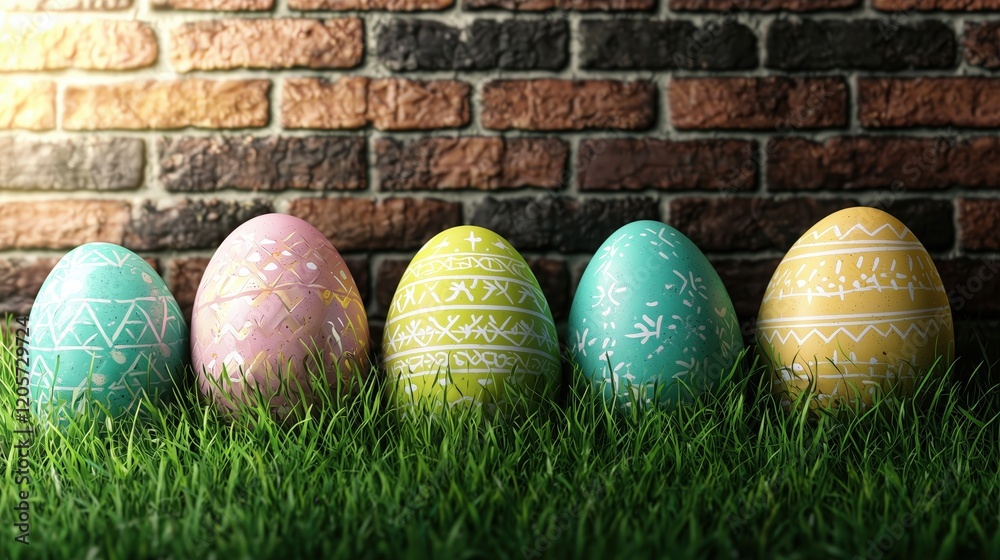 Fototapeta premium Colorful Easter Eggs on Grass with Brick Wall Background