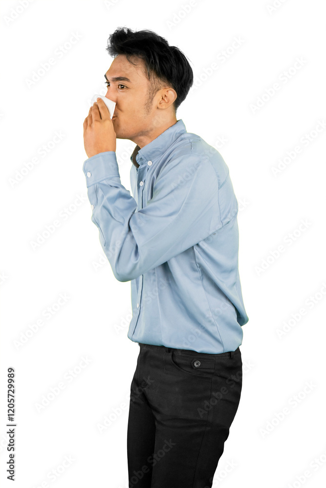 Man Sneezing into Tissue with Professional Attire Man Sneezing into Tissue with Professional Attire