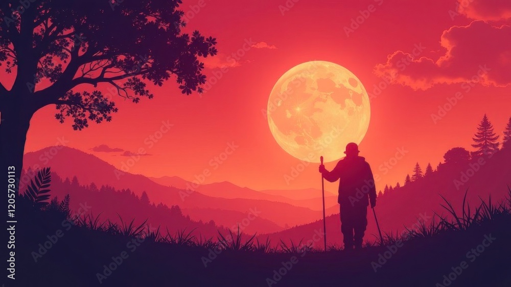 Hiker walking in mountain valley at sunset with big moon