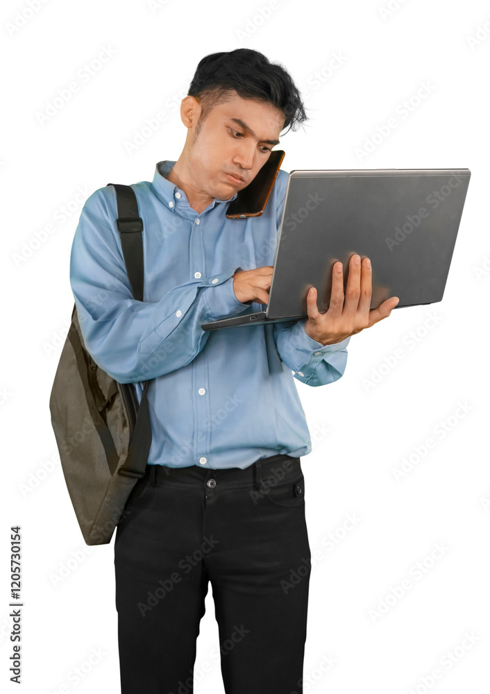 Busy Professional Multitasking with Laptop and Phone Busy Professional Multitasking with Laptop and Phone