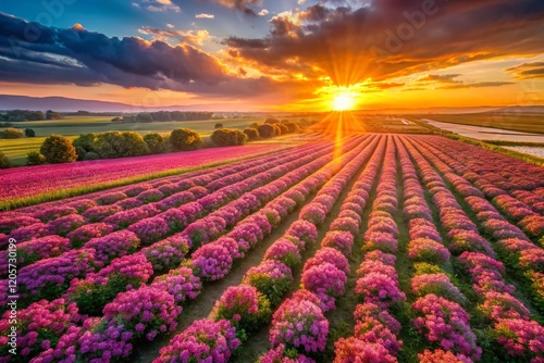 Aerial View Pink Flower Field Sunset, Drone Photography, Pastel Colors