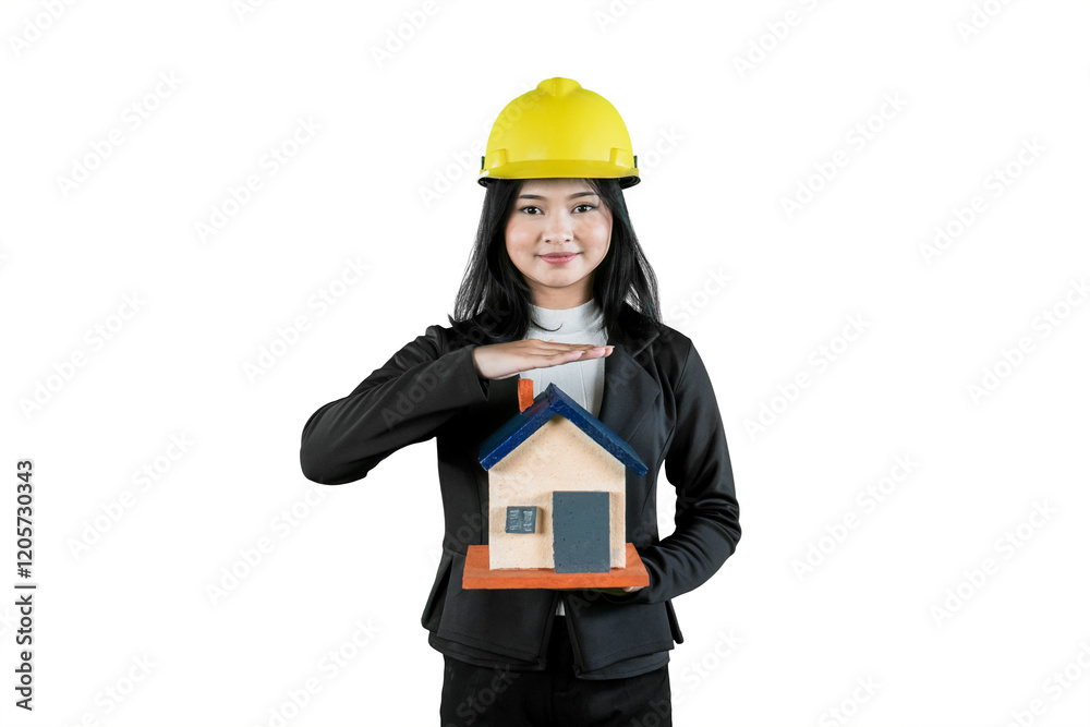 Female Architect Holding Miniature House Model and Wearing a Yellow Hard Hat Female Architect Holding Miniature House Model and Wearing a Yellow Hard Hat