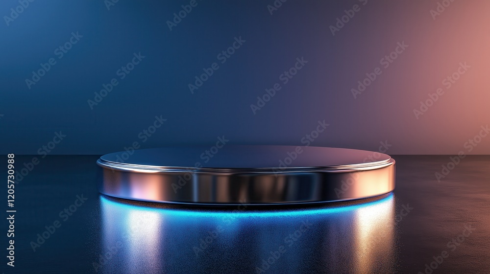 A silver, round, metallic object with a blue and purple glow A silver, round, metallic object with a blue and purple glow