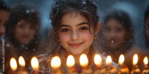 Snowy Bhai Dooj celebration near Cyber Monday sales Yalda Night feasts under a glowing Hanukkah menorah promoting Human Rights globally photo