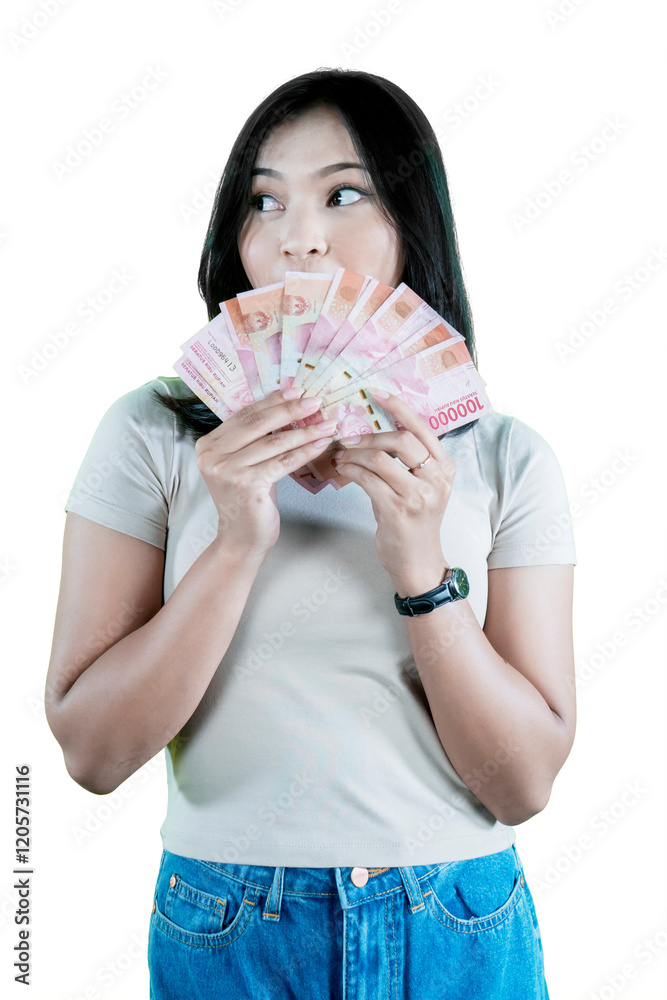 Excited Woman Holding Fan of Cash Isolated on White Background Excited Woman Holding Fan of Cash Isolated on White Background
