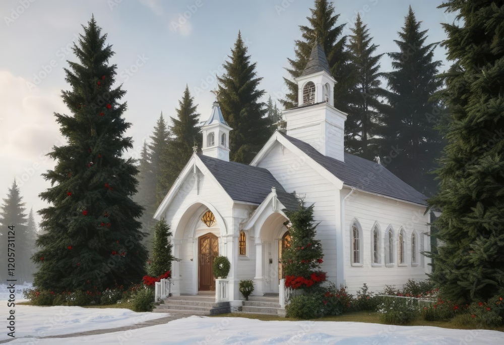A small white church nestled among evergreen trees and festive holly with a majestic Christmas tree at its entrance , peaceful scene, christmas tree, winter church