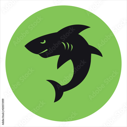 Round green flat icon with black silhouette of a dangerous shark. Vector on a gray background