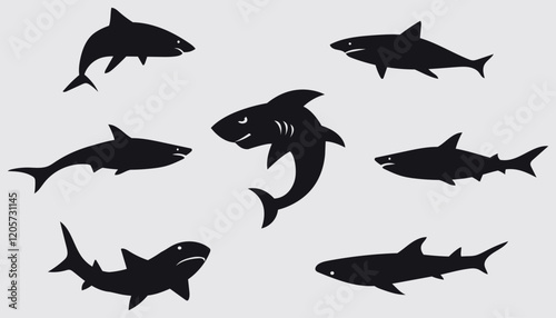 Set of black icons of dangerous shark. Vector on a gray background