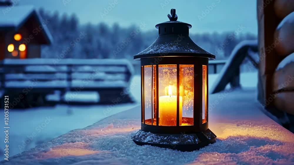 Candlelit lantern glowing softly in a snowy winter landscape Candlelit lantern glowing softly in a snowy winter landscape