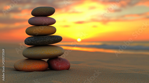 A vibrant sunset over a sandy beach with a stack of smooth, colorful stones arranged in a tower, framed by the warm hues of orange, yellow, and pink.