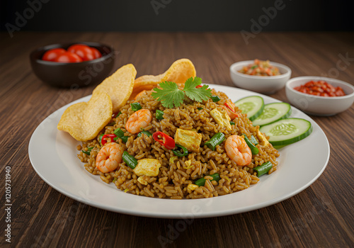 Shrimp fried rice, garnished, wooden table, sauces, crackers